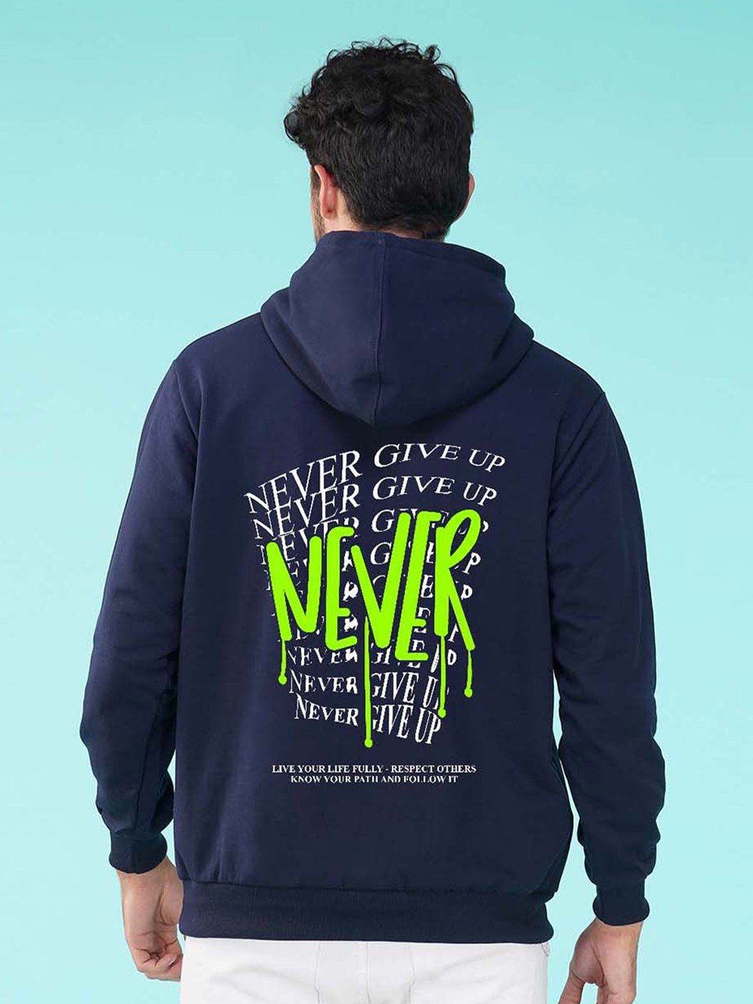 

NUSYL Typography Printed Hooded Fleece Sweatshirt, Navy blue