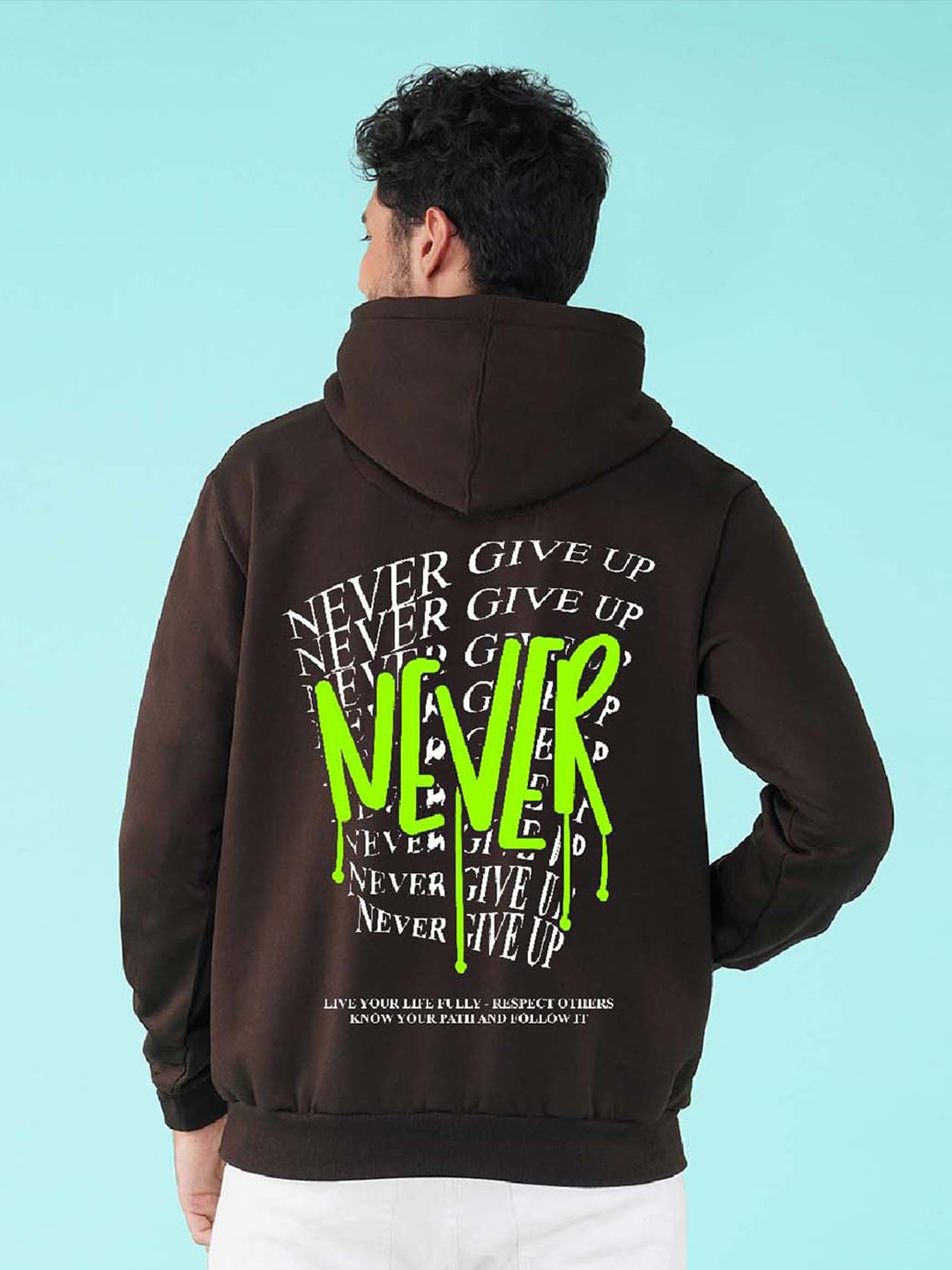 

NUSYL Typography Printed Hooded Fleece Pullover, Brown