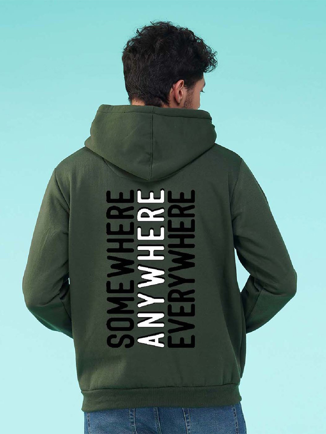 

NUSYL Typography Printed Hooded Fleece Pullover, Olive