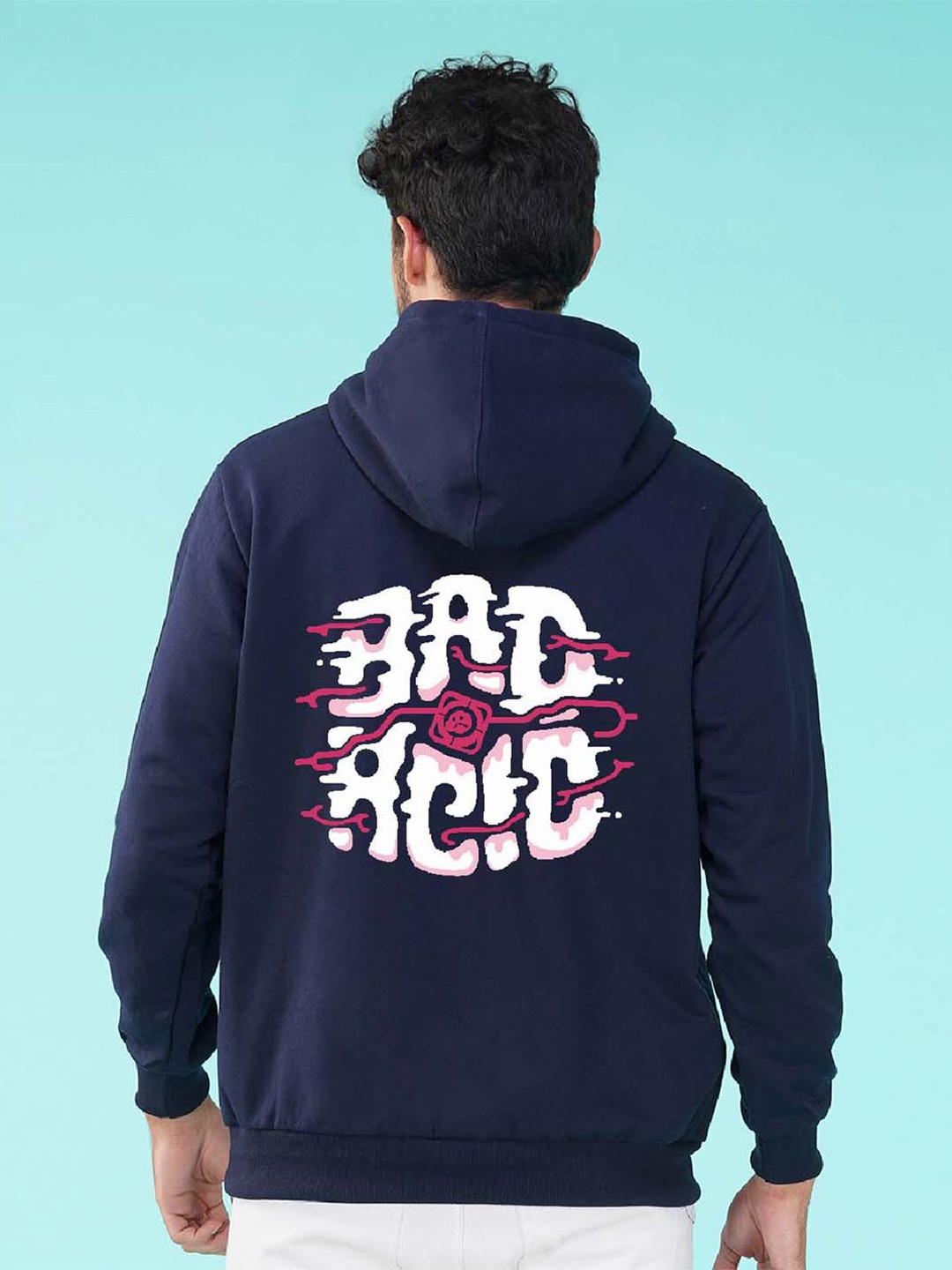 

NUSYL Typography Printed Hooded Fleece Pullover Sweatshirt, Navy blue