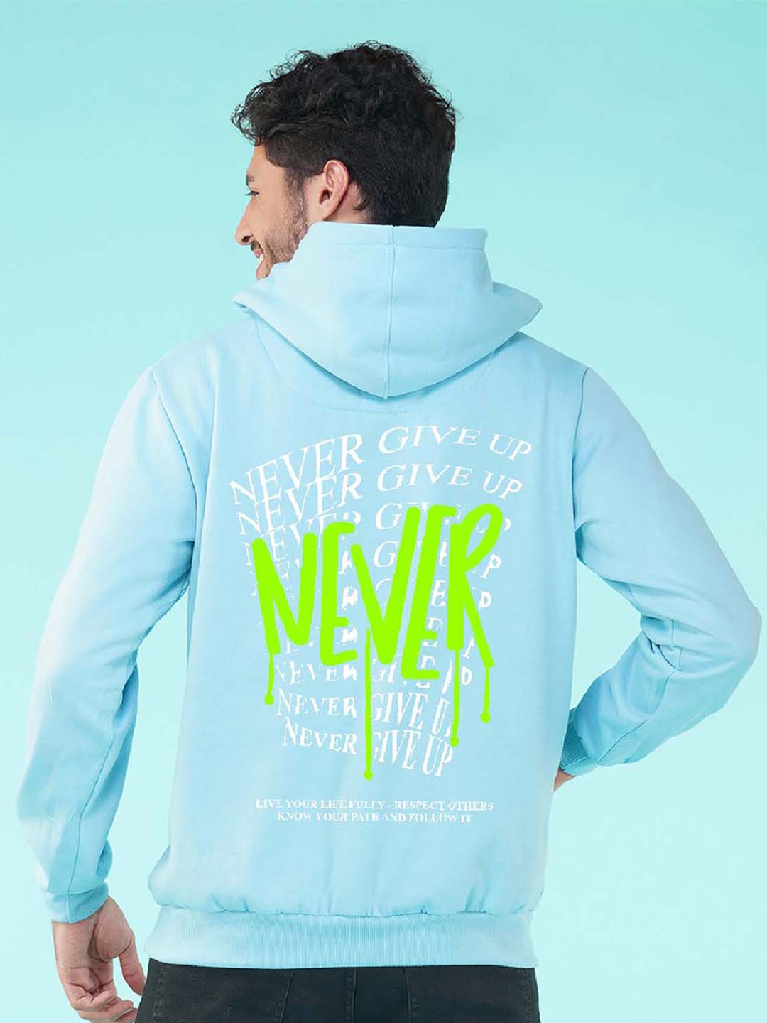 

NUSYL Never Give Up Printed Long Sleeves Hood Pullover Sweatshirt, Blue