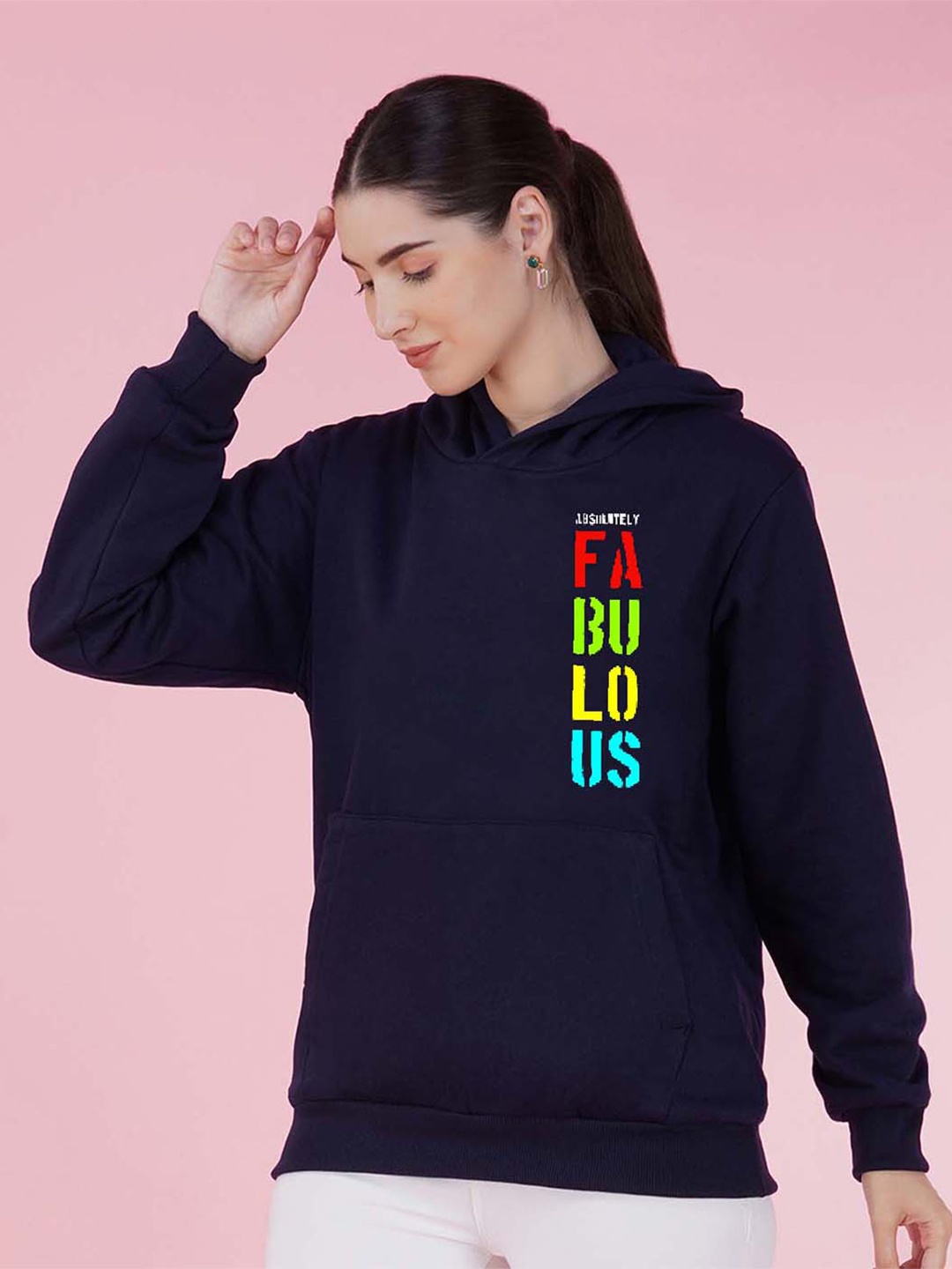 

NUSYL Typography Printed Hooded Oversized Fleece Pullover, Navy blue