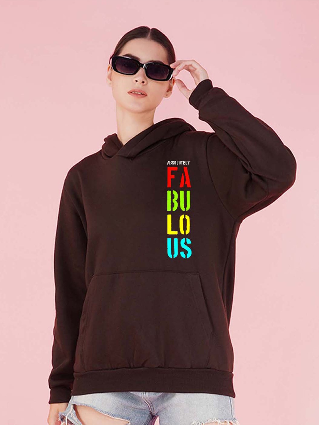 

NUSYL Typography Printed Hooded Fleece Pullover Sweatshirt, Brown