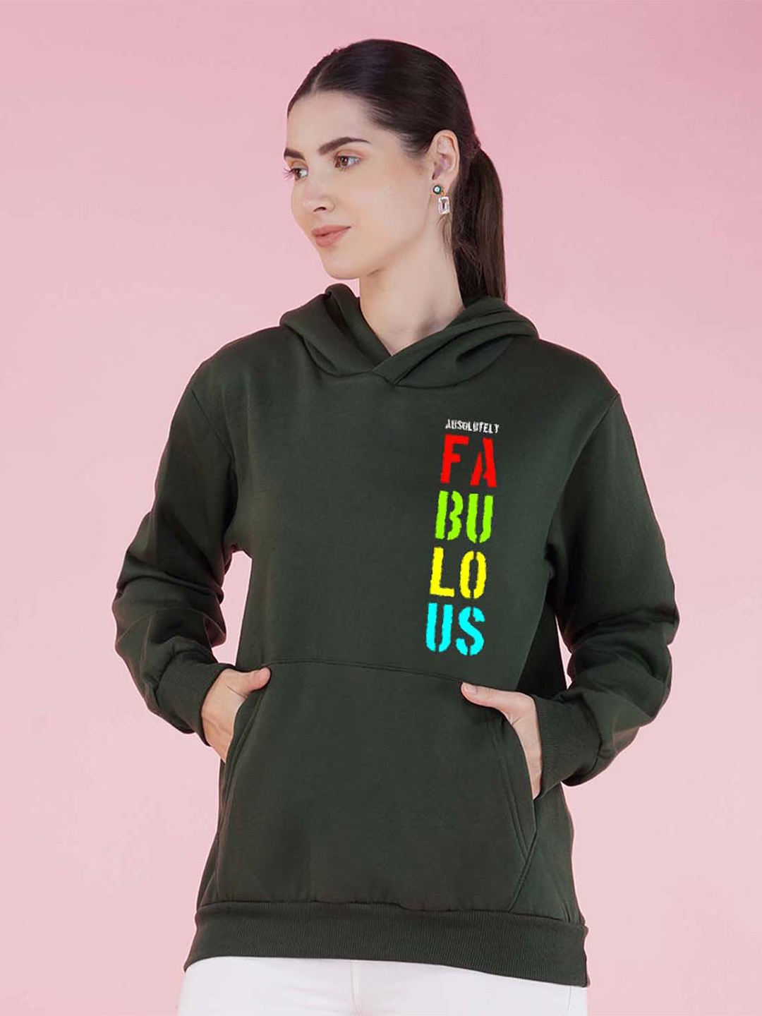 

NUSYL Typography Printed Hooded Fleece Pullover Sweatshirt, Green