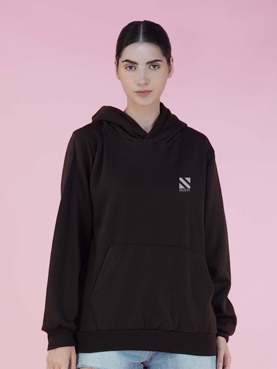 

NUSYL Brand Logo Printed Hooded Oversized Fleece Pullover Sweatshirt, Brown