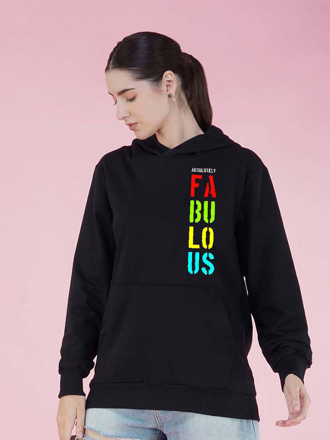 

NUSYL Typography Printed Hooded Oversized Fleece Pullover Sweatshirt, Black