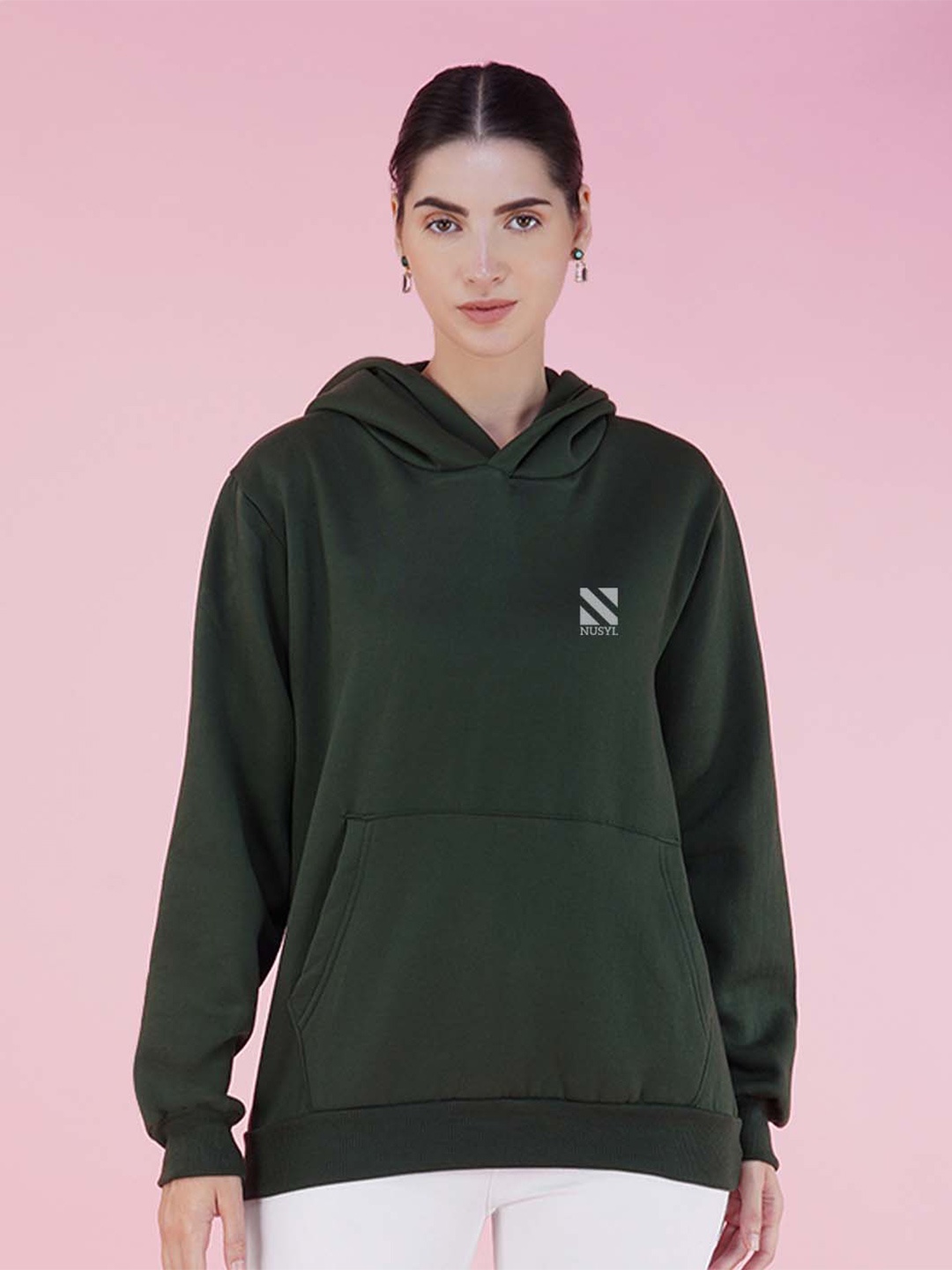 

NUSYL Brand Logo Printed Hooded Oversized Fleece Pullover Sweatshirt, Green