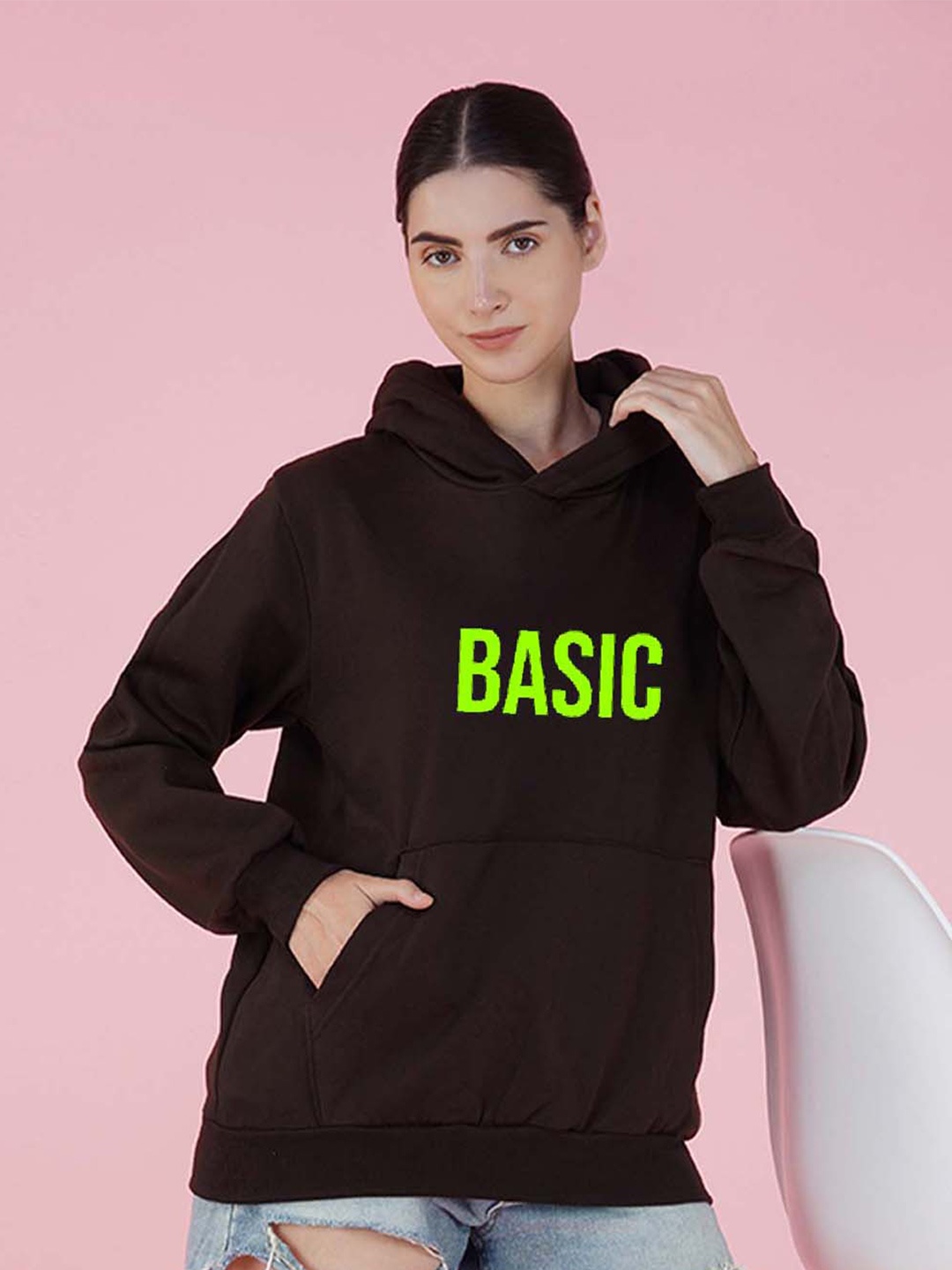 

NUSYL Typography Printed Hooded Fleece Sweatshirt, Brown