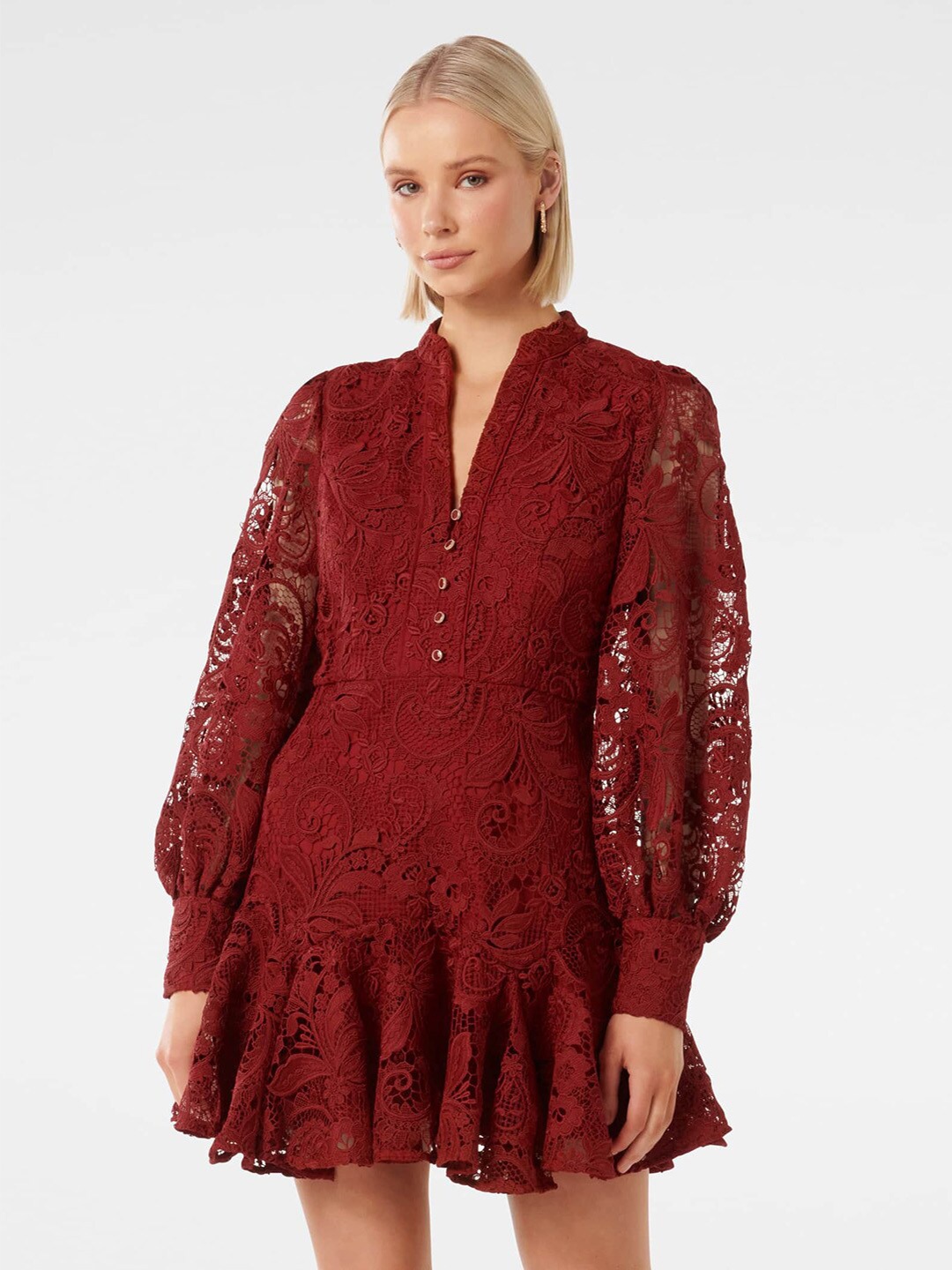 

Forever New Self Design Mandarin Collar Cuffed Sleeves Tiered Lace A-Line Mini Dress, Maroon