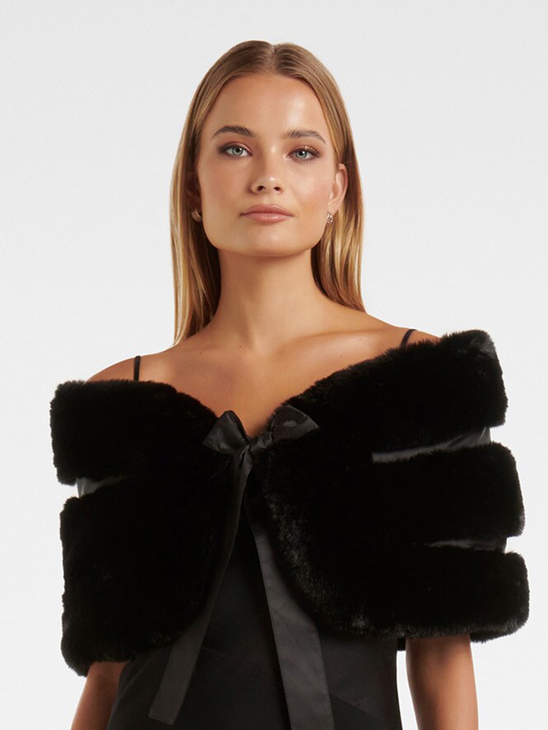 

Forever New Off-Shoulder Puff Sleeves Faux Fur Trim Bardot Top, Black