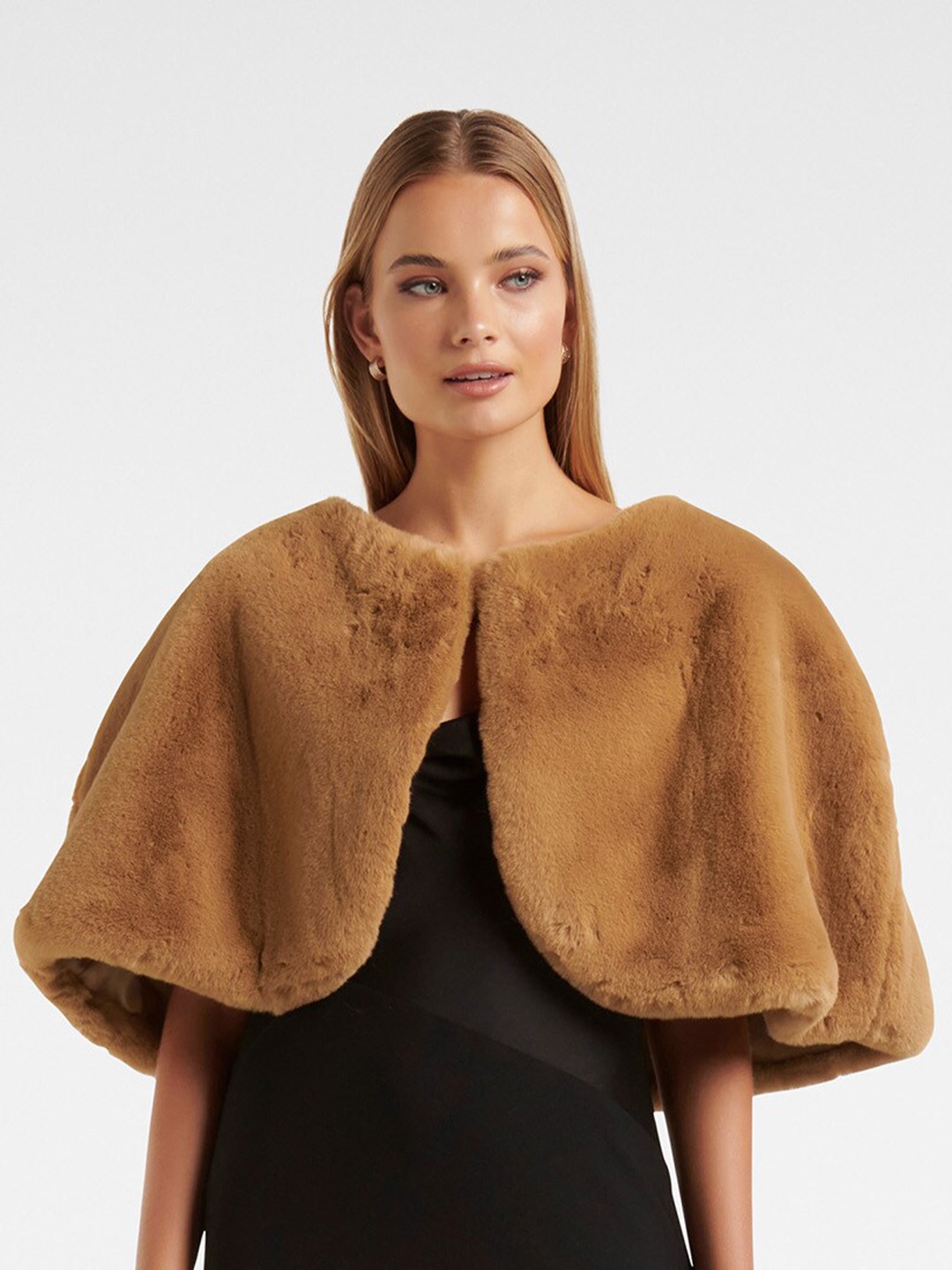 

Forever New Cape Sleeves Faux Fur Trim Crop Cape Top, Brown