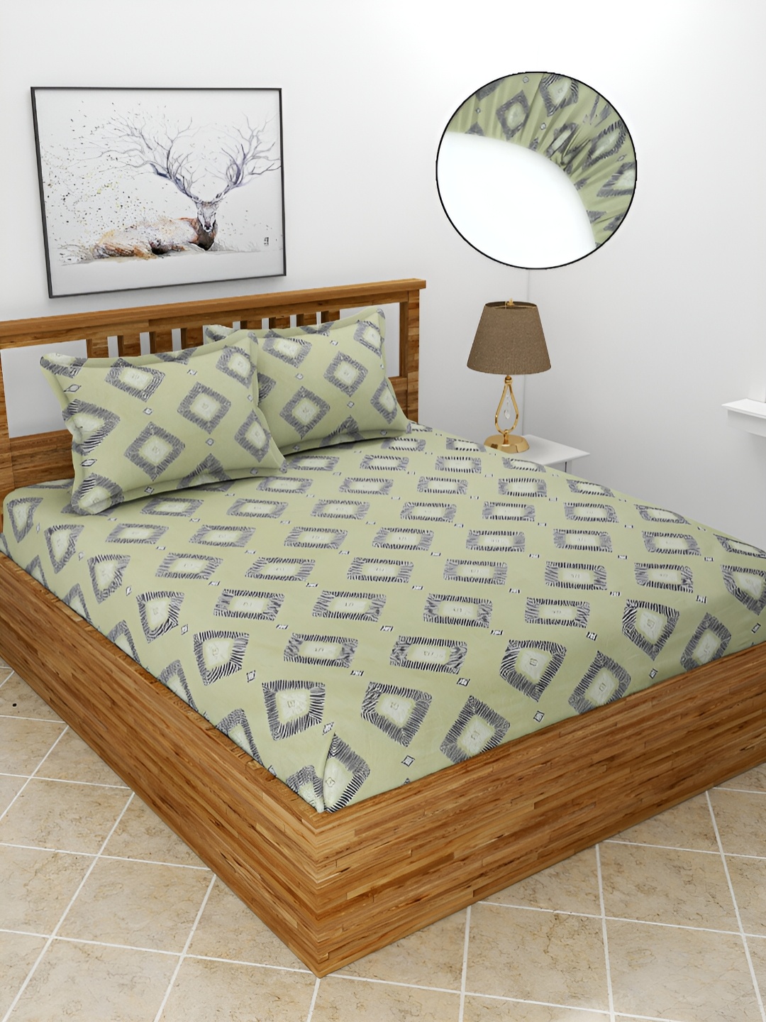 

BREVARD Green Geometric 210 TC Queen Fitted Bedsheet with 2 Pillow Covers