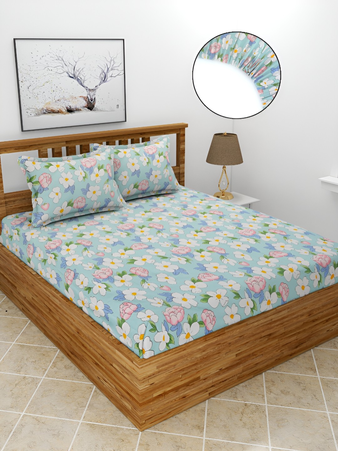 

BREVARD Blue 210 TC Fitted Queen Bedsheet With 2 Pillow Covers