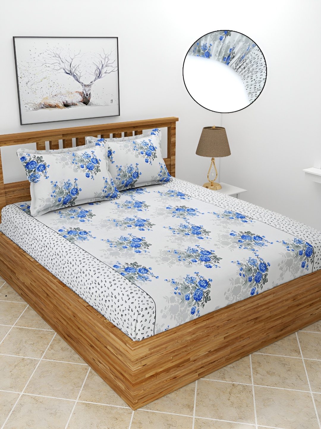 

BREVARD Blue 210 TC Fitted Queen Bedsheet With 2 Pillow Covers, White