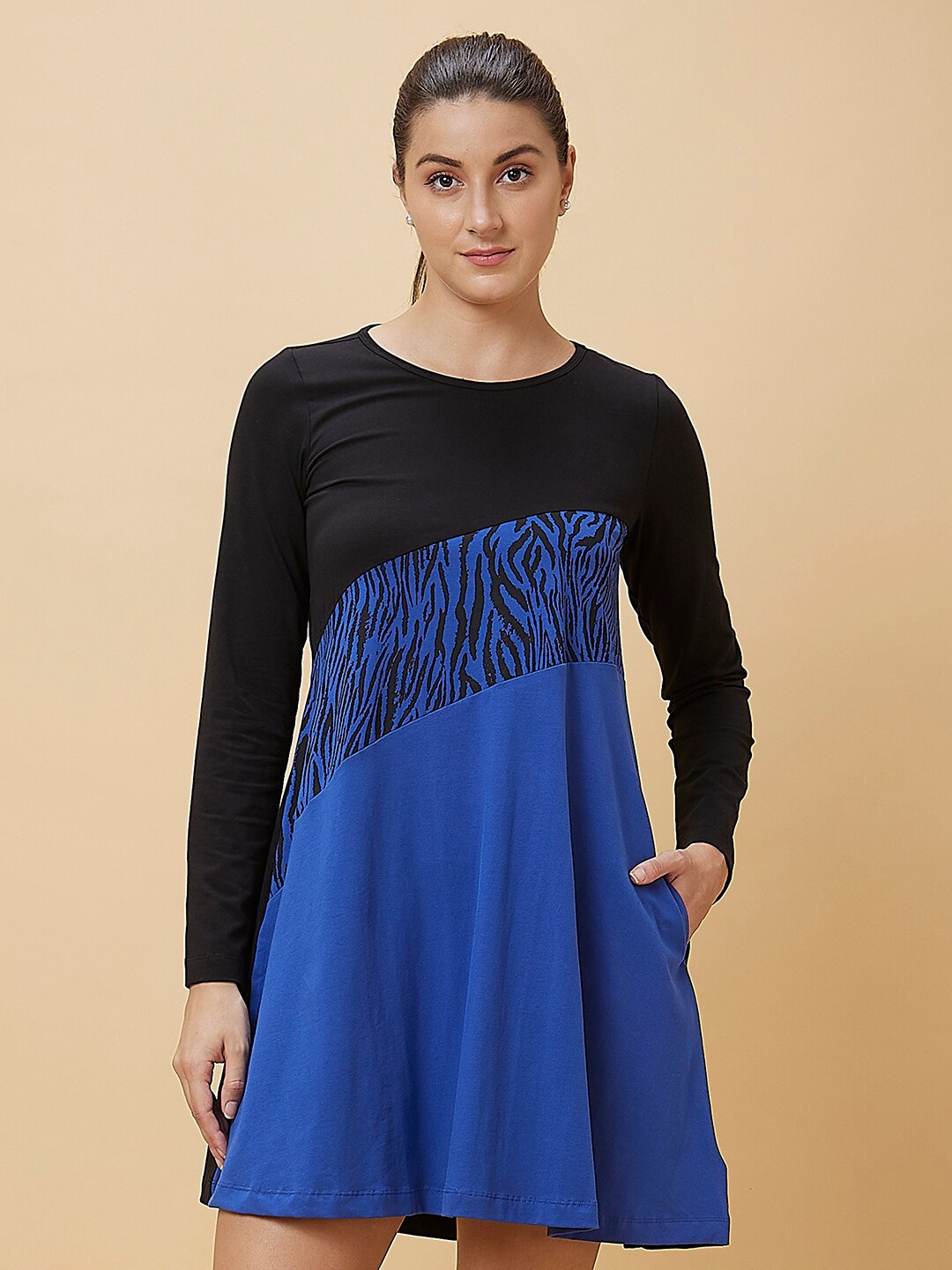 

Being Human Round Neck Colourblocked A-Line Dress, Black