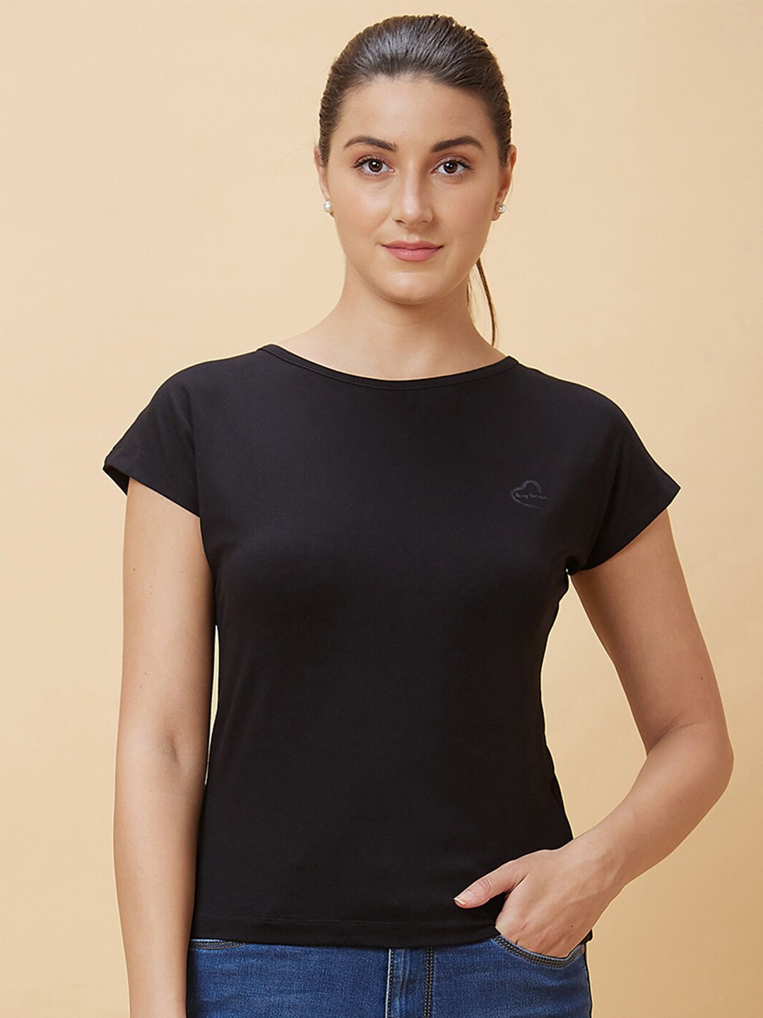 

Being Human Boat Neck Extended Sleeves Styled Back Top, Black
