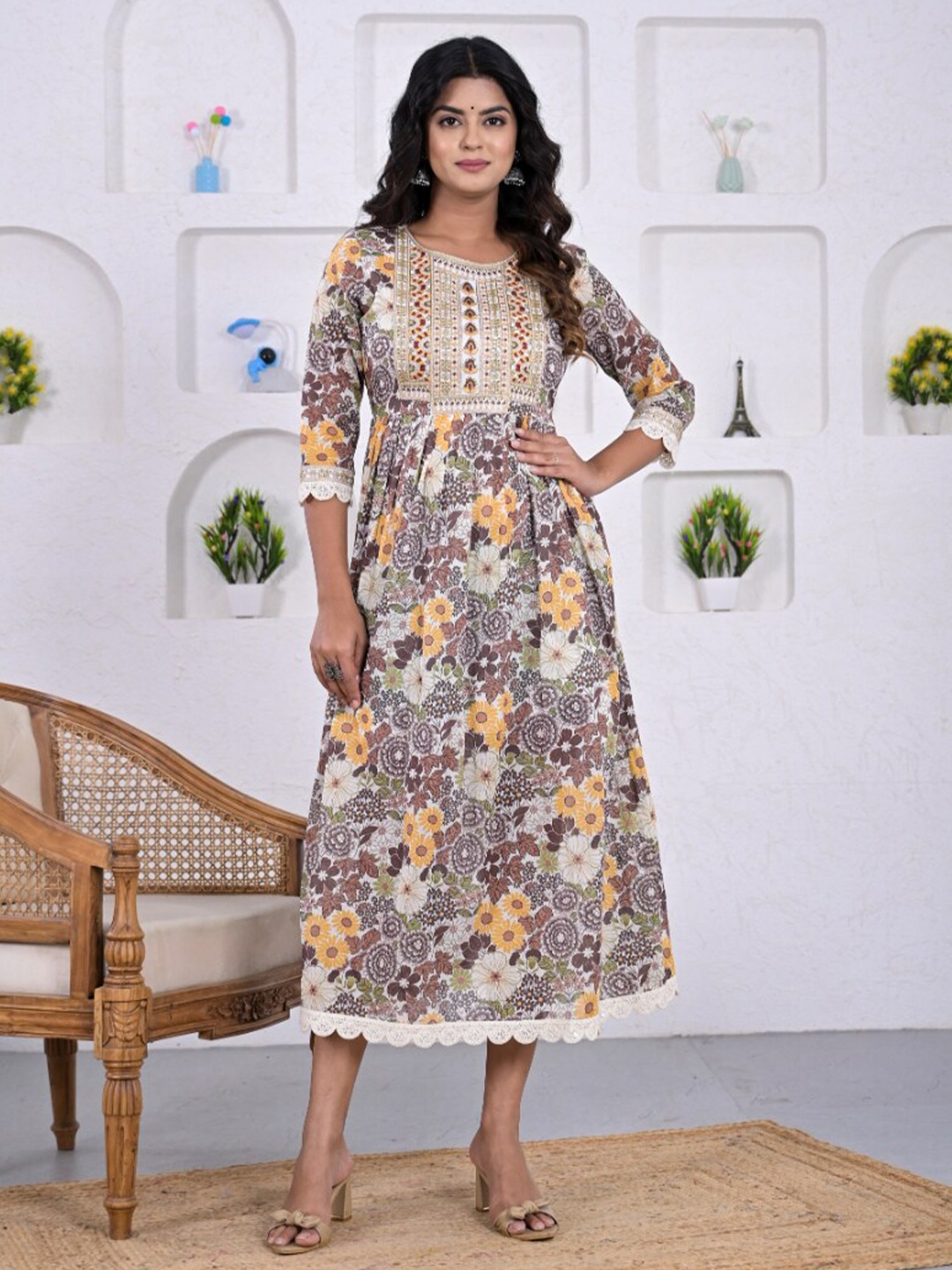 

ZARI Floral Printed A-Line Ethnic Dress, Brown