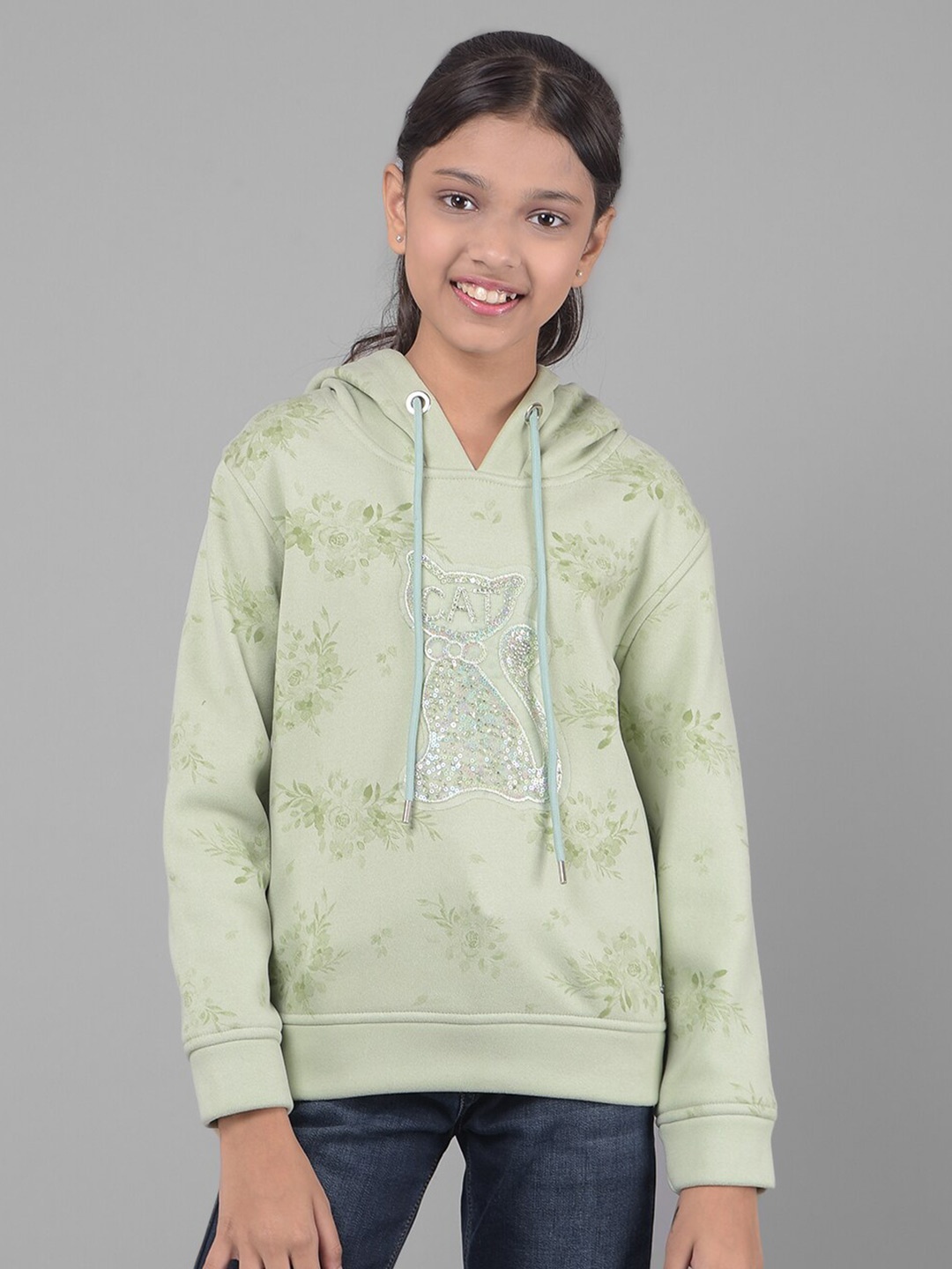 

Crimsoune Club Girls Floral Printed Embellished Hooded Sweatshirt, Green