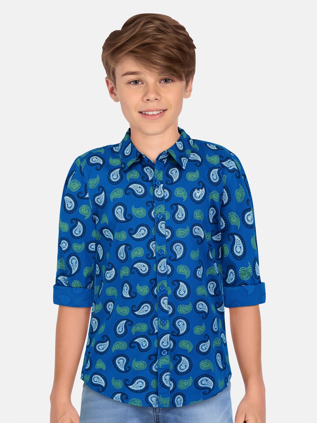 

Allen Solly Junior Boys Slim Fit Ethnic Motifs Printed Pure Cotton Casual Shirt, Blue