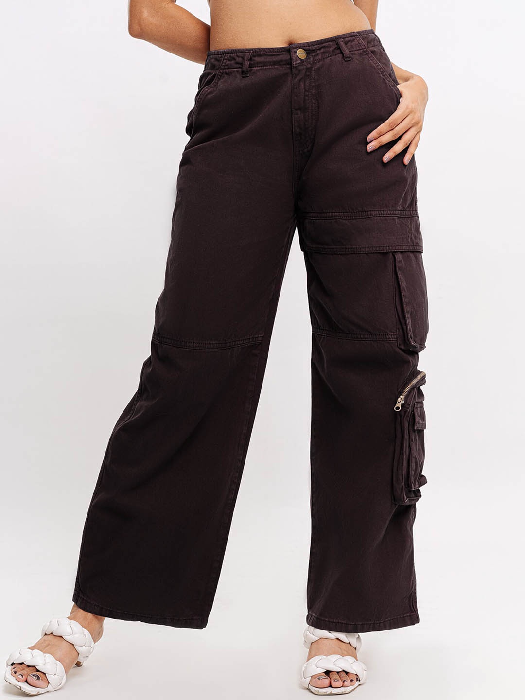 

FREAKINS Women Straight Fit High-Rise Pure Cotton Cargo Jeans, Brown