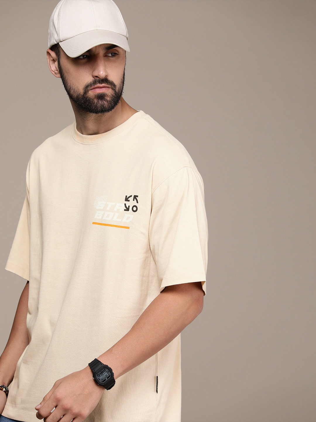 

Roadster Men Typography Printed Drop-Shoulder Sleeves Pure Cotton T-shirt, Cream