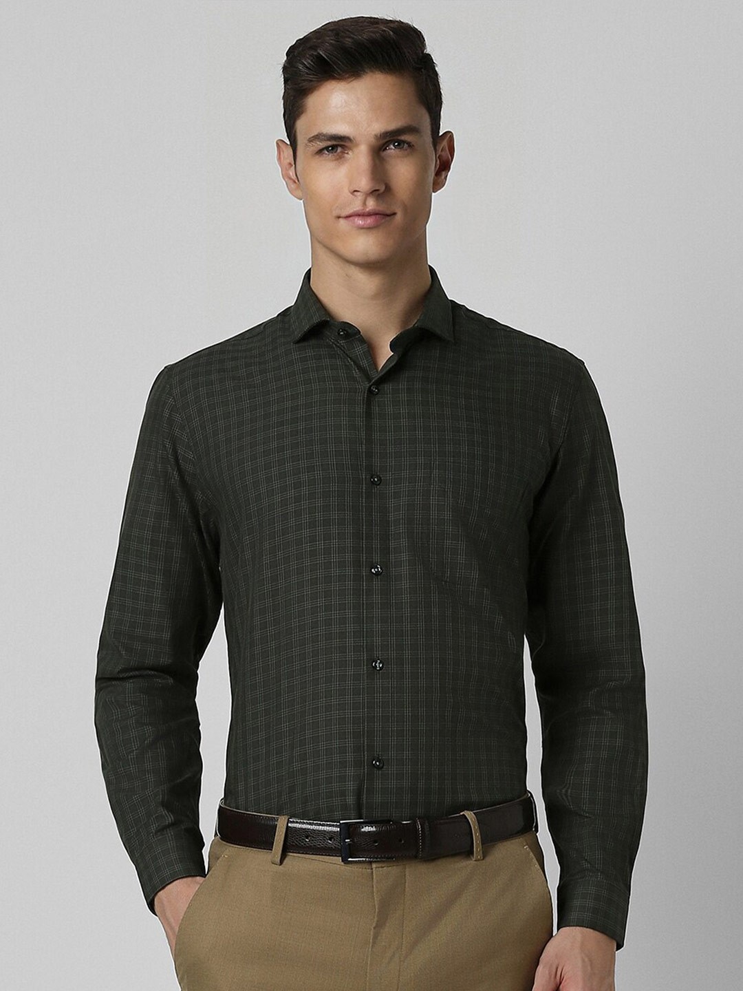 

Peter England Tartan Checks Spread Collar Formal Shirt, Green