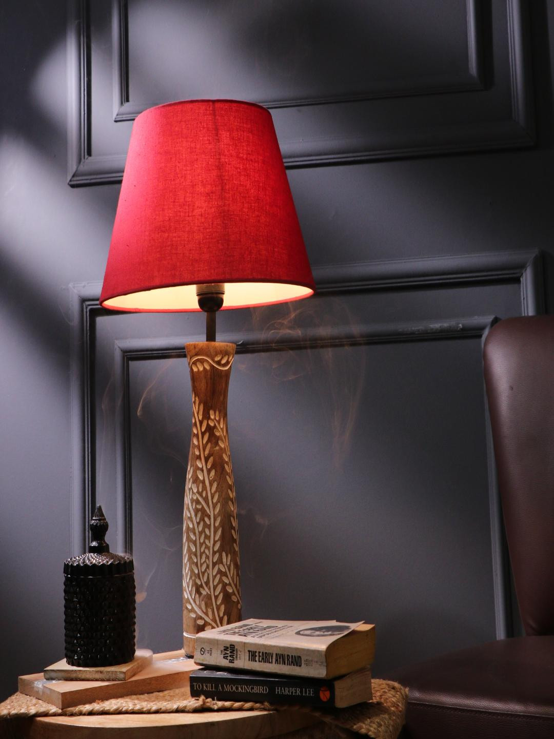 

The Decor Mart Brown Leaf Impressed With Red Shade Table Lamp