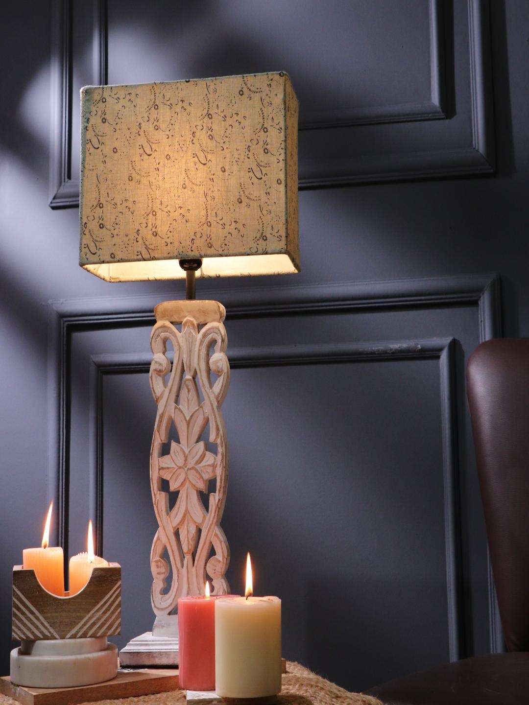 

The Decor Mart Pastel Green & White Printed Wooden Carved Table Lamp