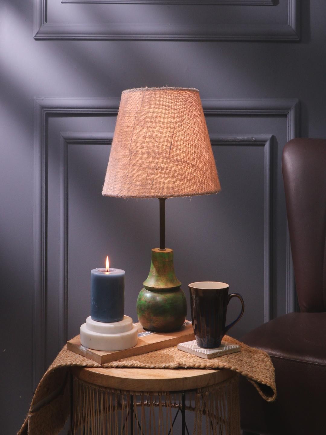 

The Decor Mart Beige Green Frustum Shaped Wooden Shade Table Lamp
