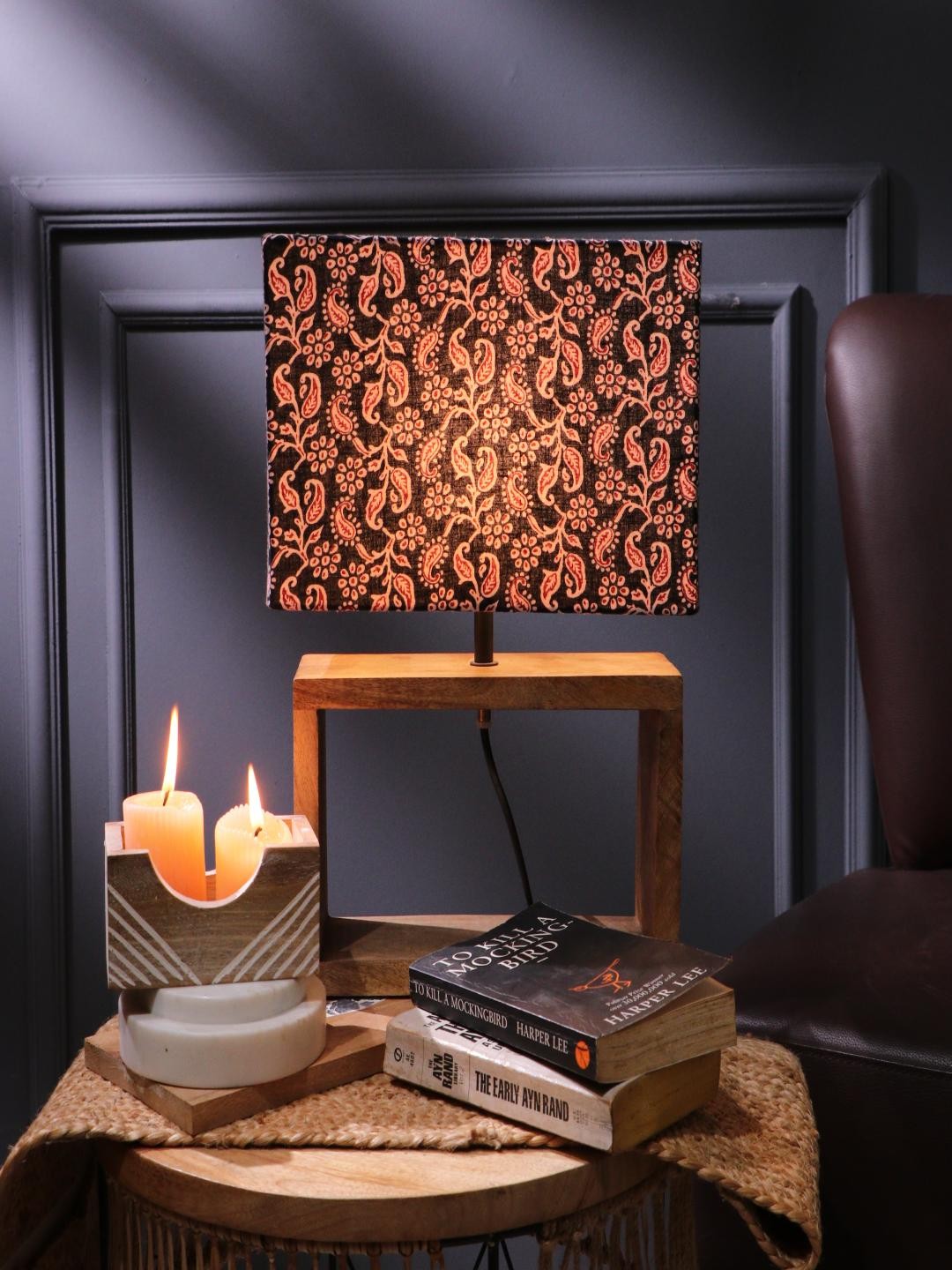 

The Decor Mart Brown & Black Floral Printed Rectangular Wooden Table Lamp