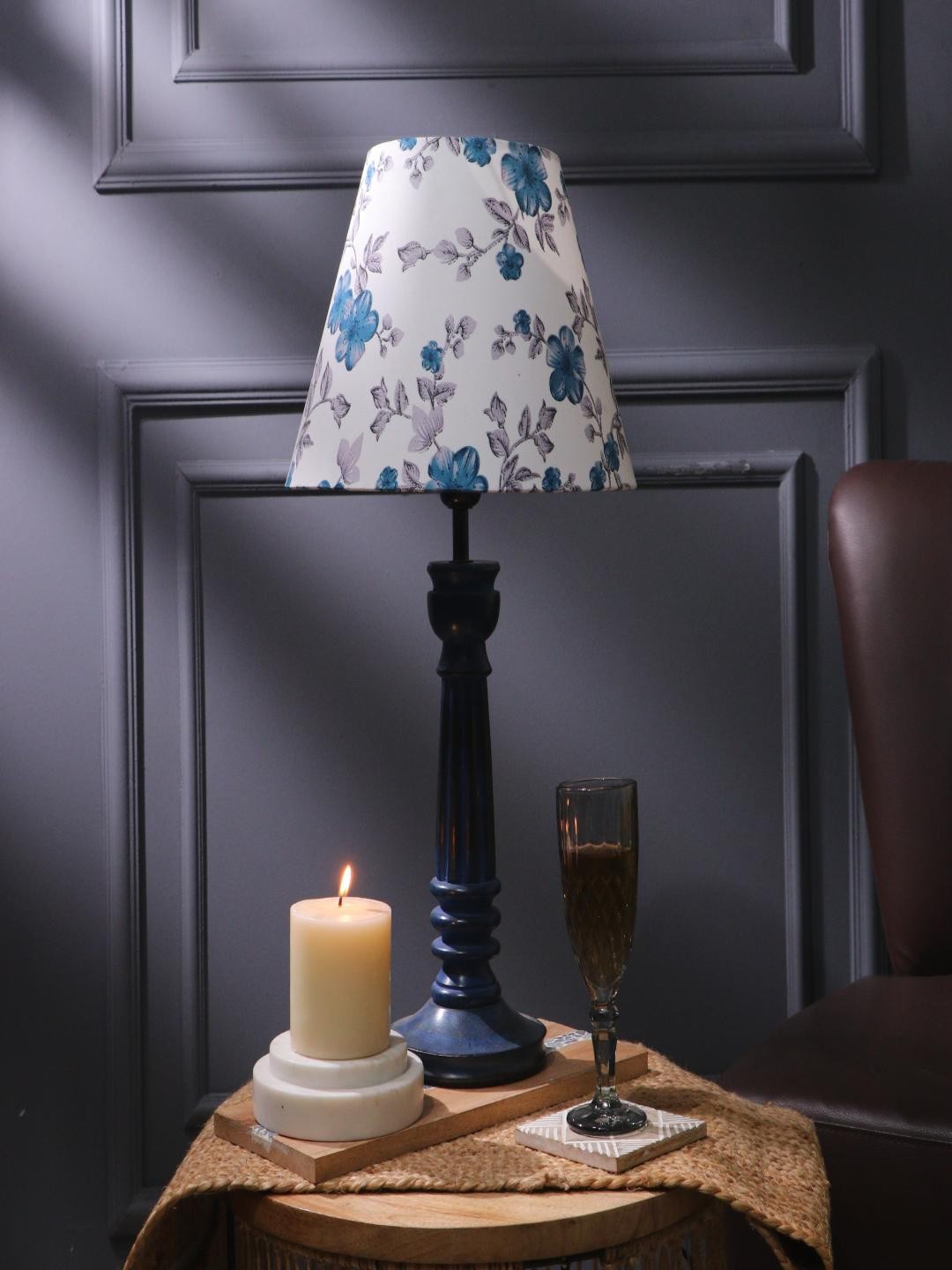 

The Decor Mart Vintage White & Blue Floral Printed Wood Table Lamp