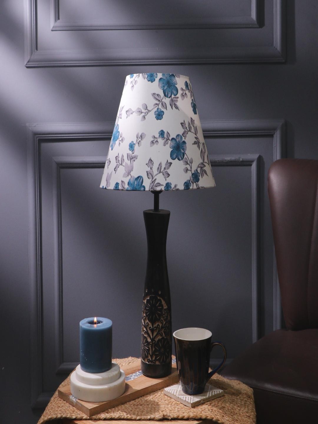 

The Decor Mart White & Blue Floral Printed Frustum Table Lamps