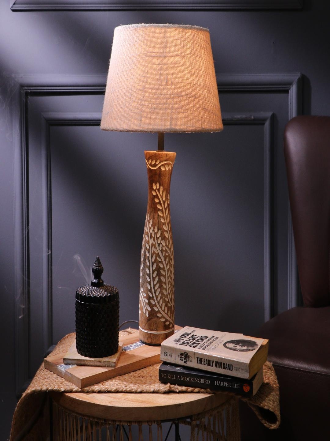 

The Decor Mart White Brown Printed Leaf Impressed Shade Wooden Table Lamps