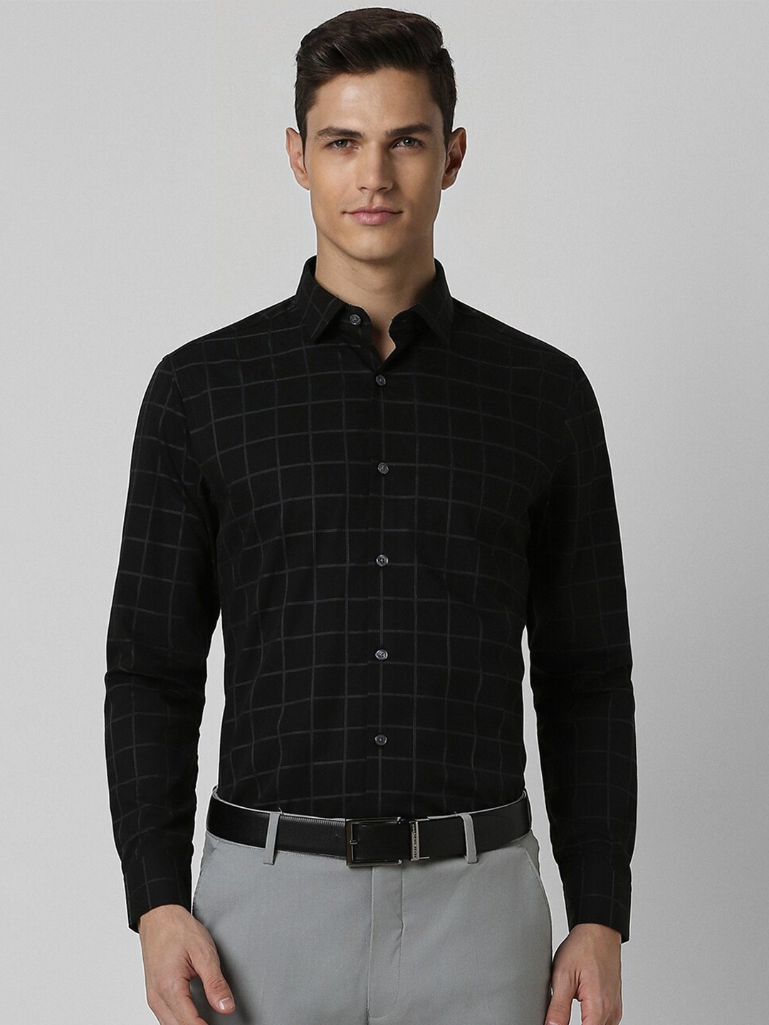 

Peter England Elite Windowpane Checks Slim Fit Pure Cotton Formal Shirt, Black