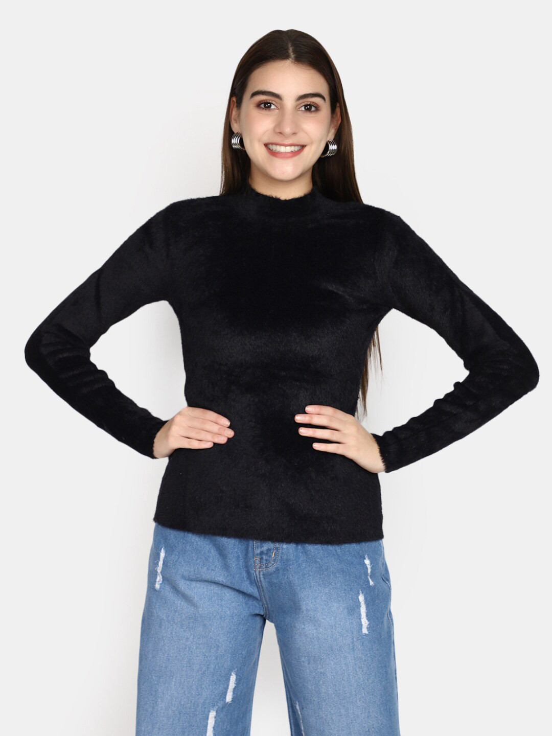 

V-Mart Round Neck Cotton Sweaters, Black