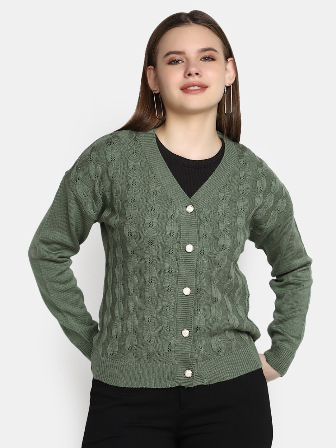 

V-Mart Self Design Acrylic Cardigan, Green