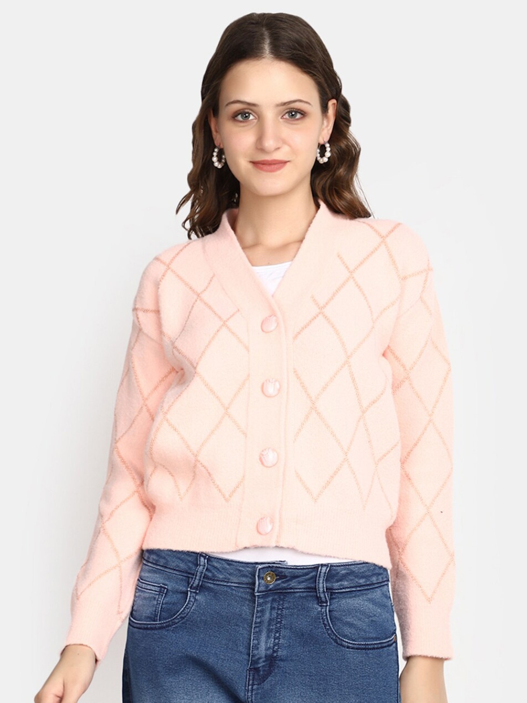 

V-Mart Geometric Self Design V-Neck Cropped Cotton Cardigan, Pink