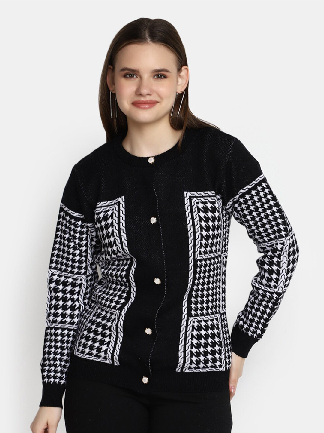 

V-Mart Geometric Printed Cardigan Sweater, Black