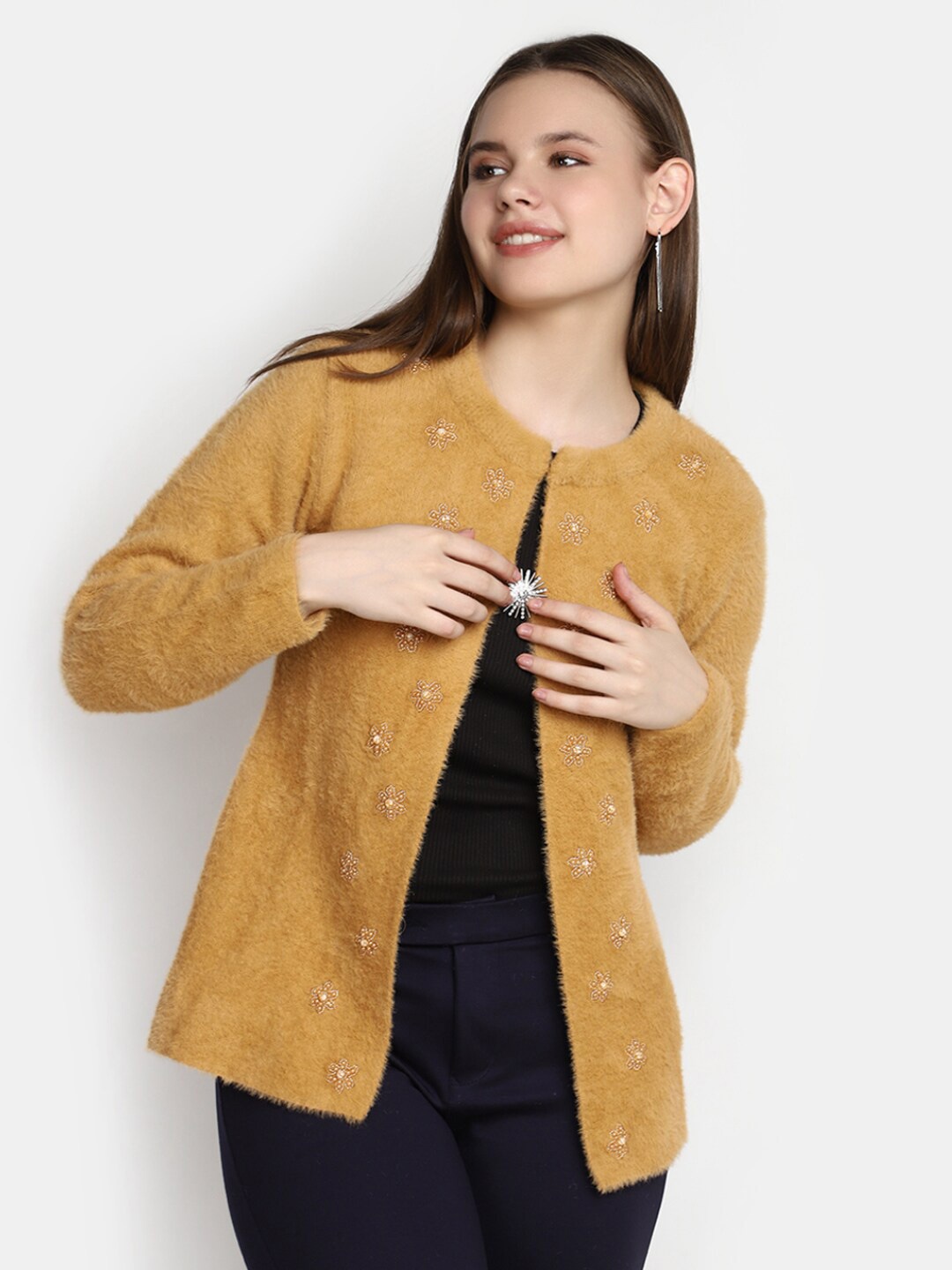 

V-Mart Round Neck Self Design Embellished Cotton Sweater, Brown