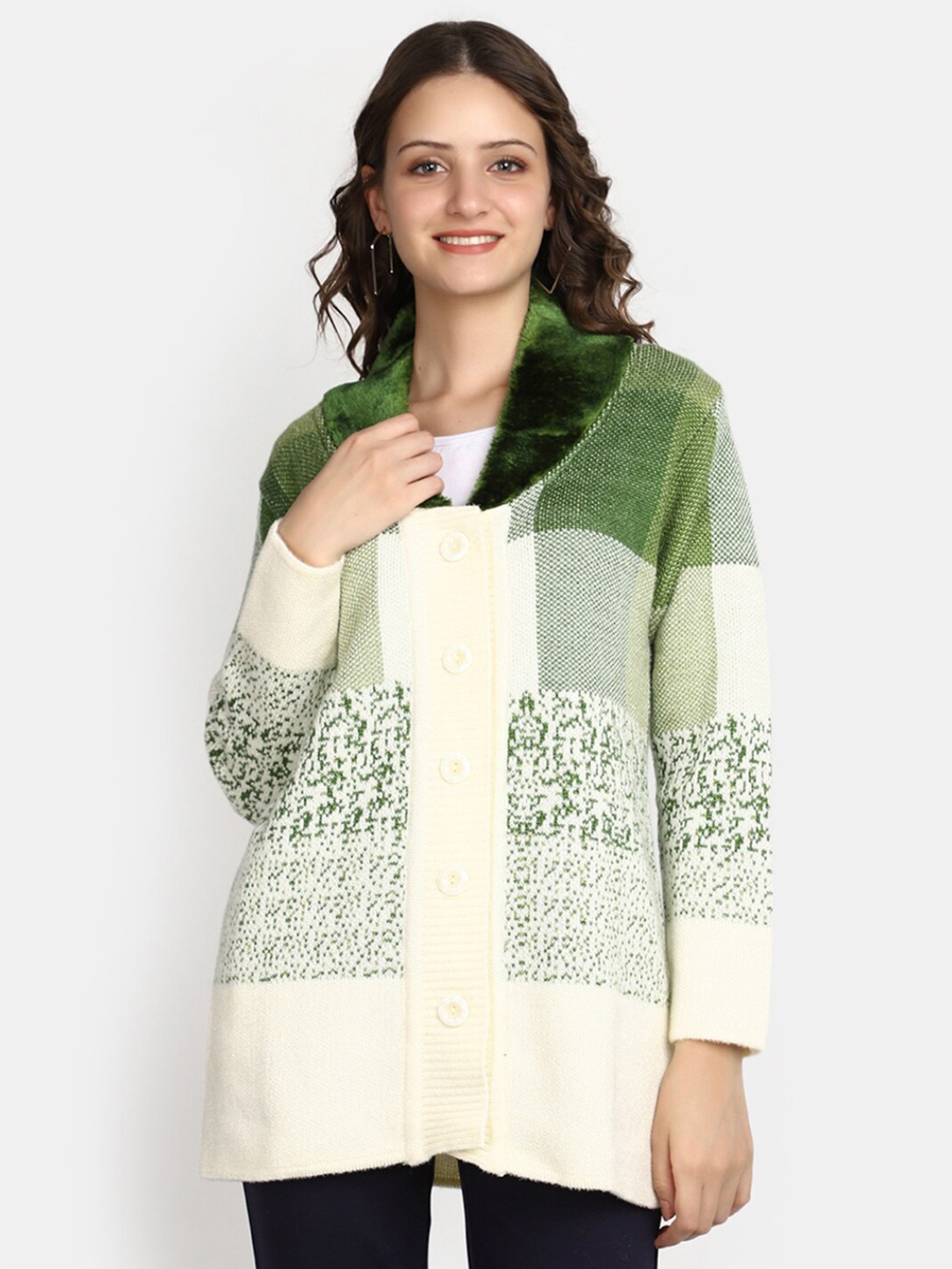 

V-Mart Colourblocked Shawl Collar Cotton Cardigan With Fuzzy Detail, Green