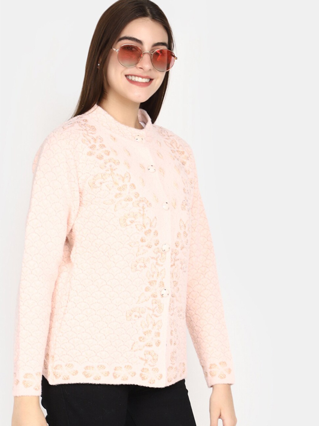 

V-Mart Self Design Round Neck Cotton Cardigan, Pink