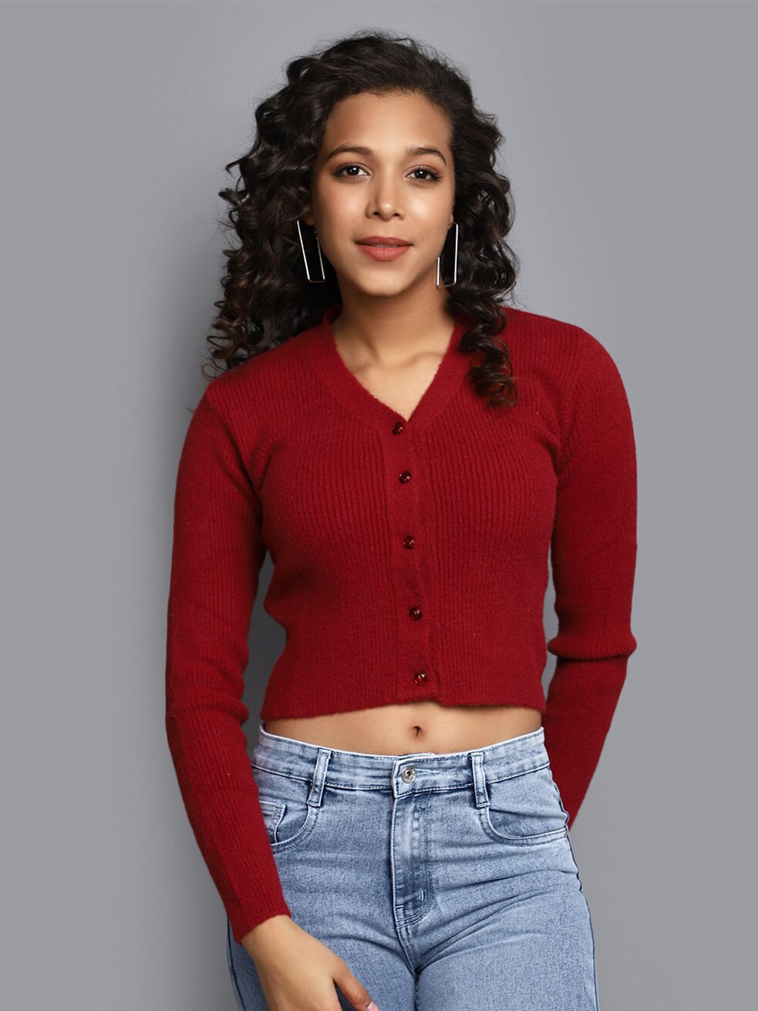 

V-Mart Ribbed V-Neck Cotton Cardigan, Maroon