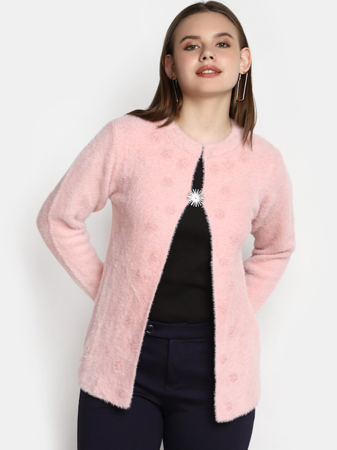 

V-Mart Round Neck Self Design Embellished Cotton Sweater, Pink