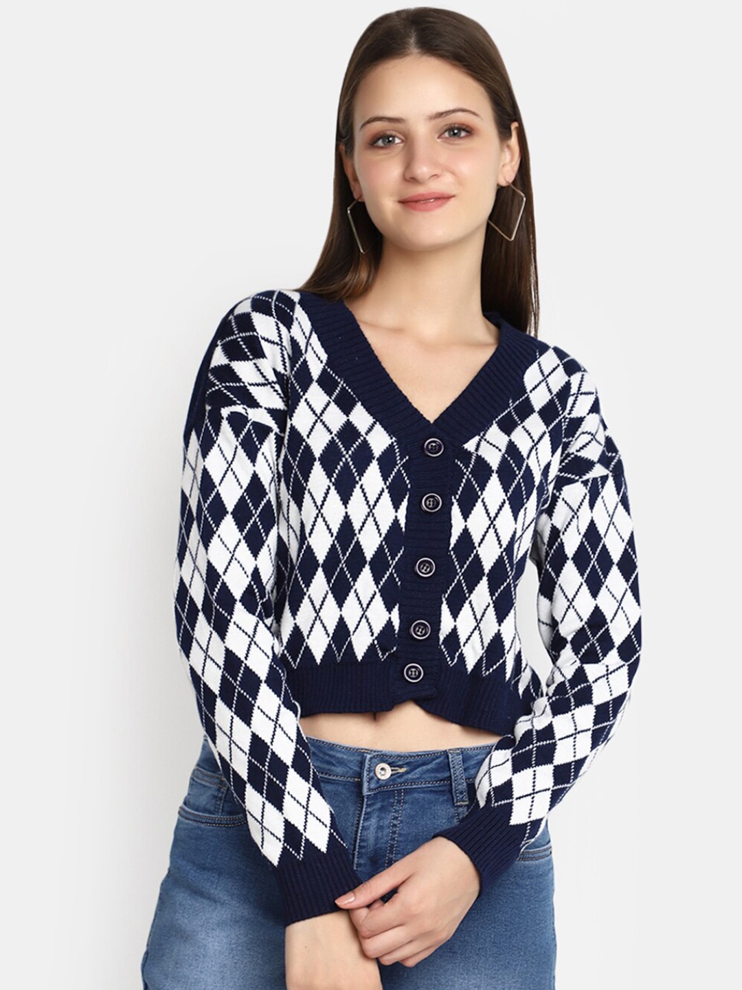 

V-Mart Self Design V-Neck Crop Cardigan, Blue