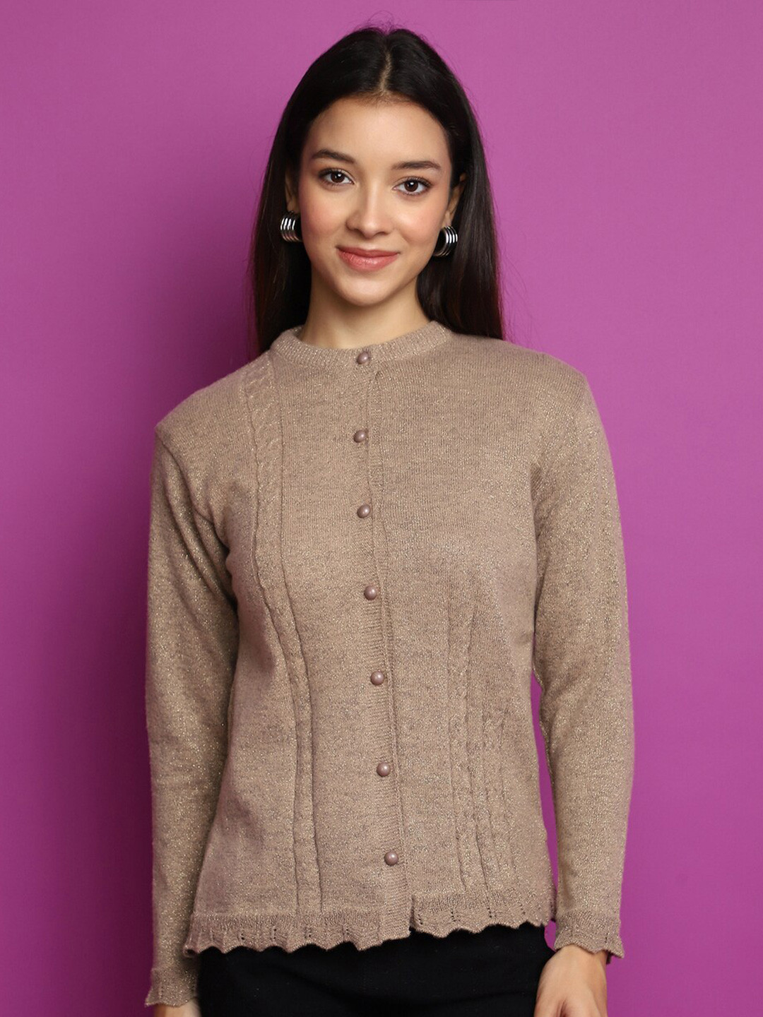 

V-Mart Round Neck Acrylic Cardigan, Beige