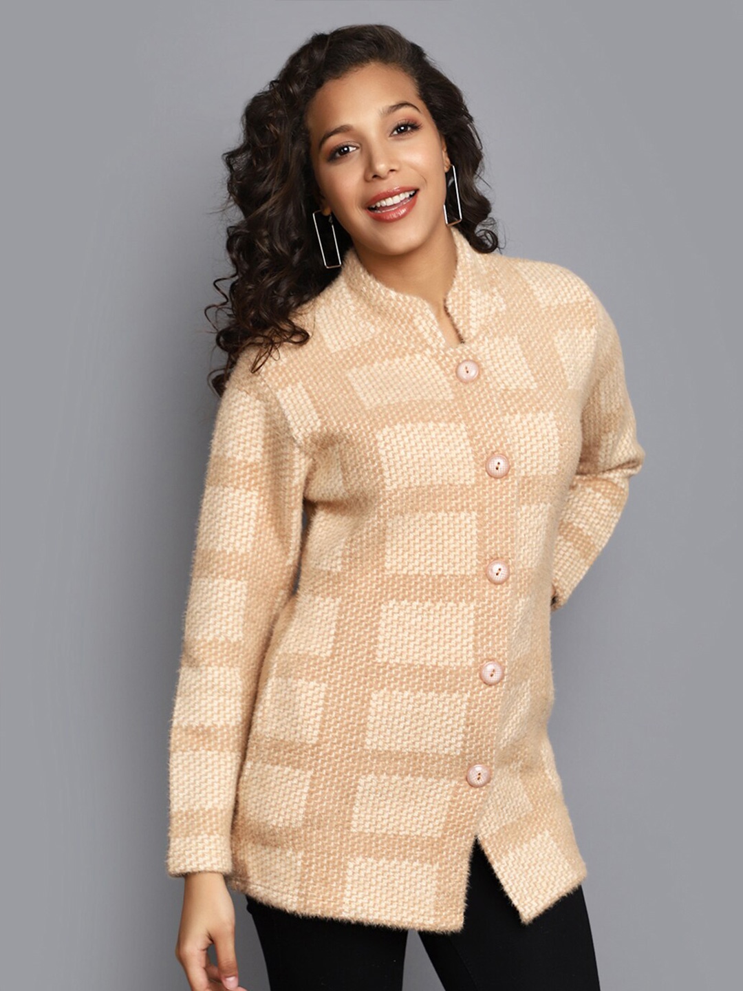 

V-Mart Checked Cotton Longline Cardigan Sweater, Beige