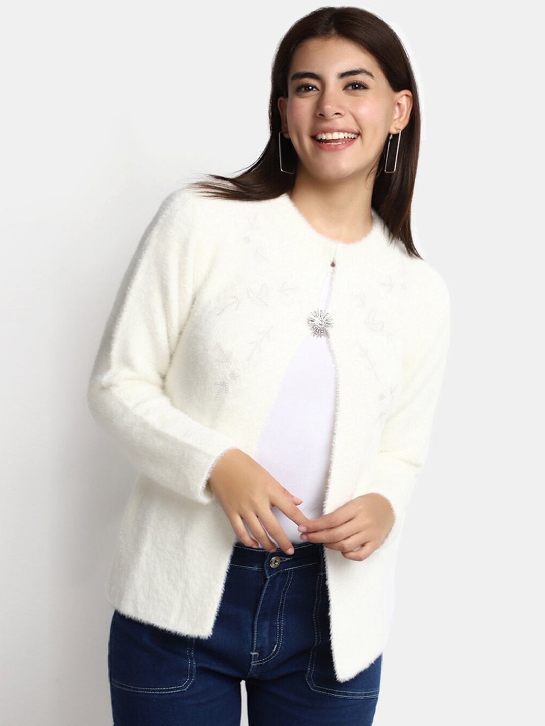 

V-Mart Round Neck Self Design Cotton Cardigan Sweater, White