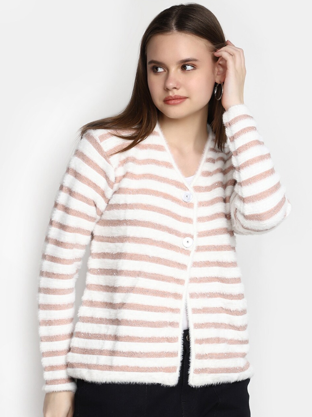 

V-Mart Striped Round Neck Cotton Cardigan, Pink