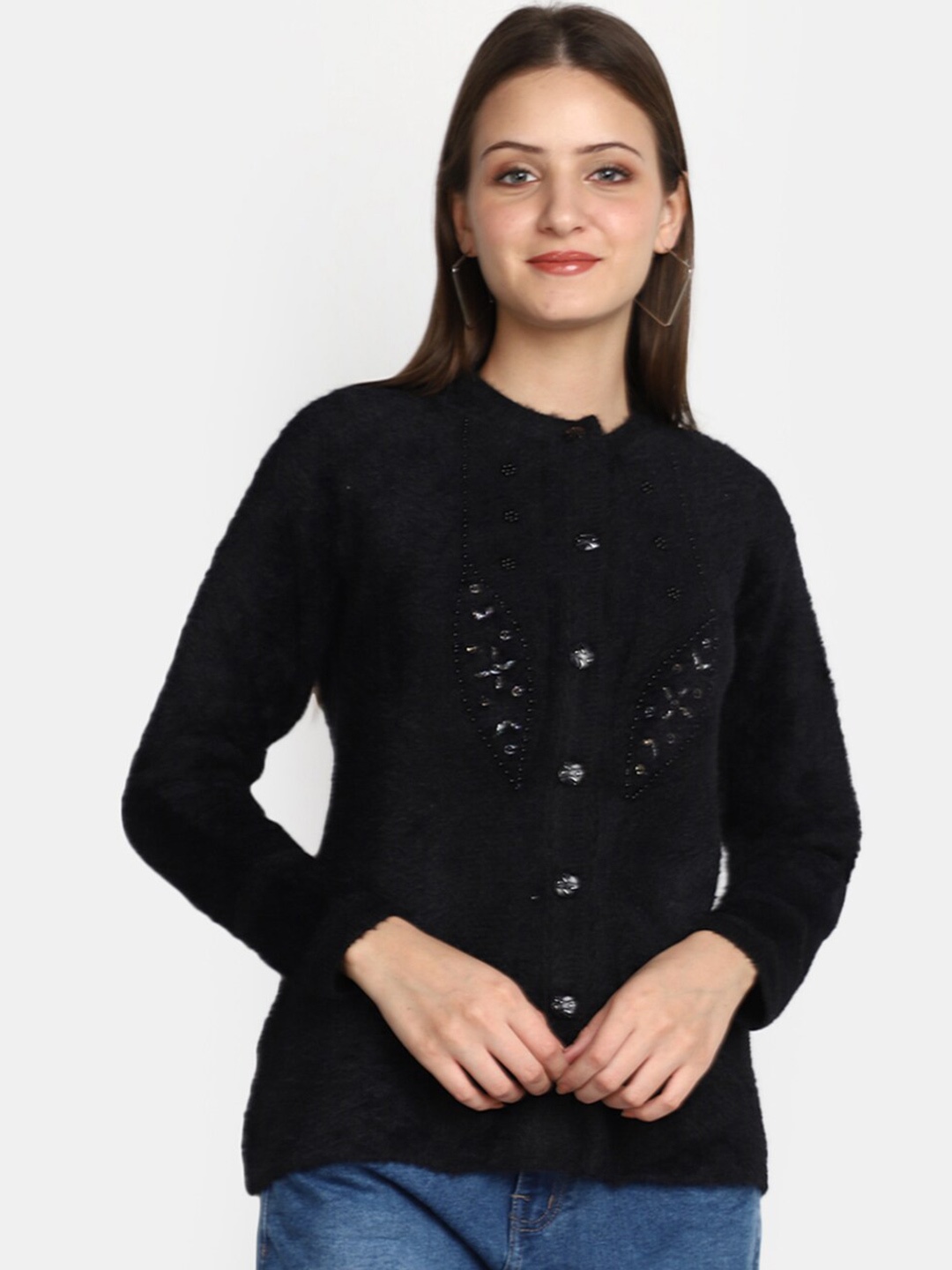 

V-Mart Embroidered Round Neck Cotton Cardigan, Black