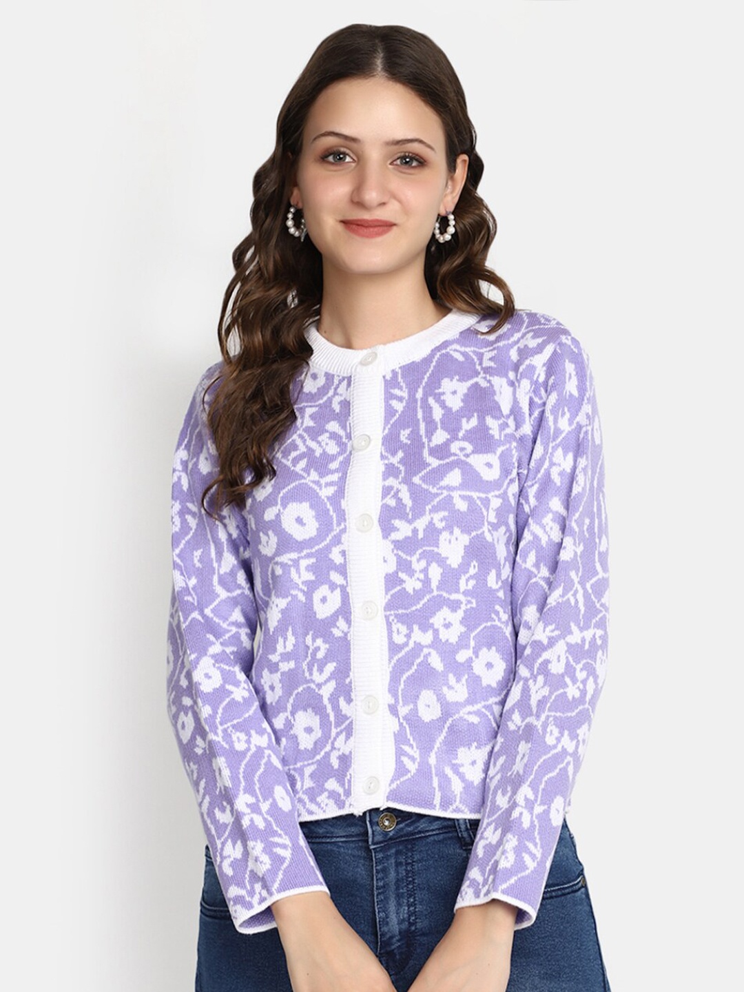 

V-Mart Floral Printed Acrylic Cardigan Sweater, Lavender